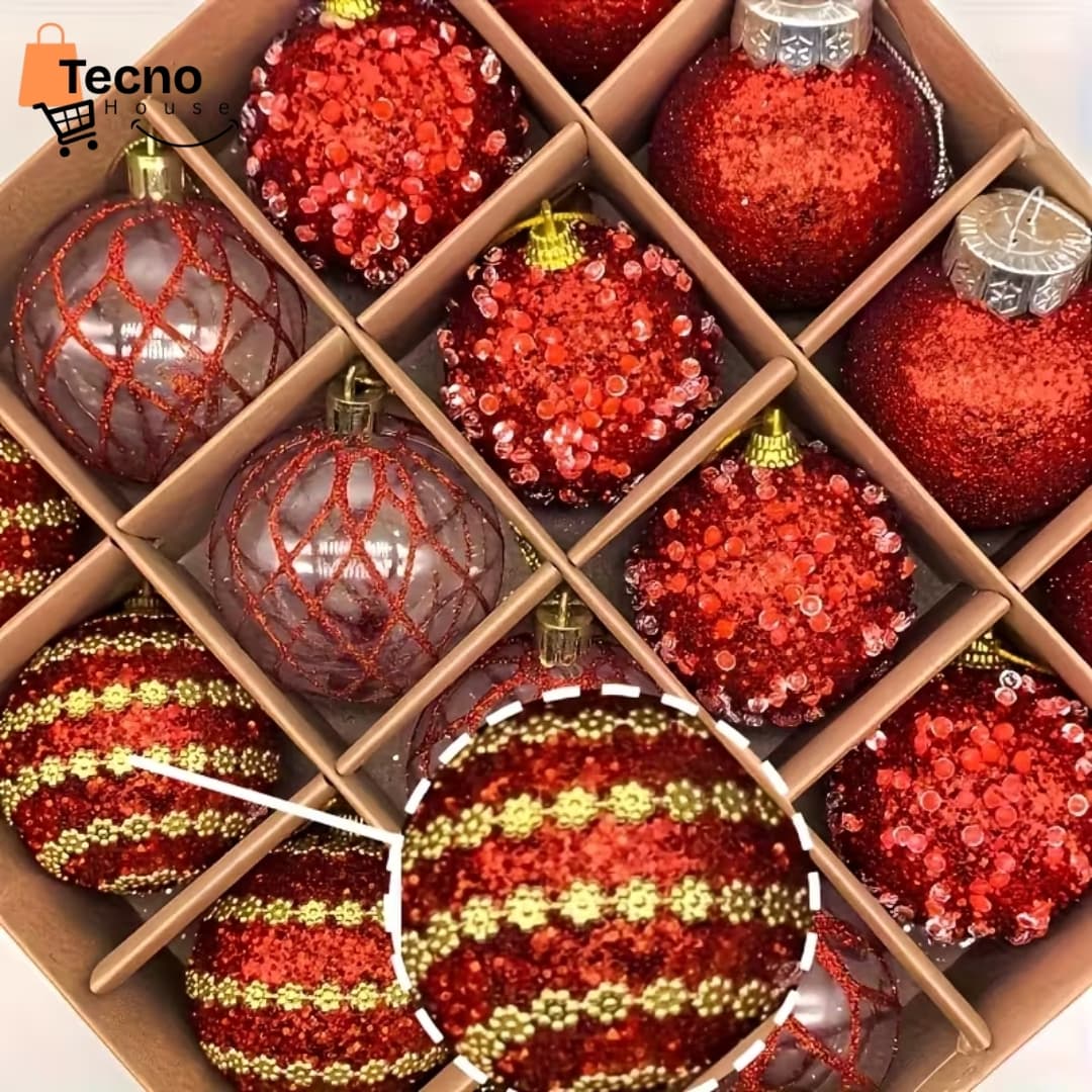 Set de 16 Bolas Navideñas Premium – Adornos para Árbol – Decoración Elegante Roja y Dorada