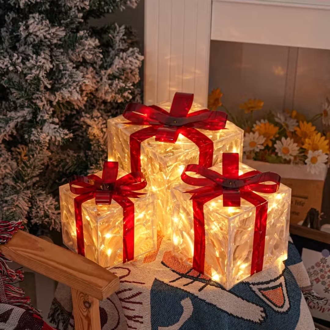 Set de 3 Cajas de Regalo Navideñas con Luz LED | Decoración Iluminada para Árbol, Sala y Eventos