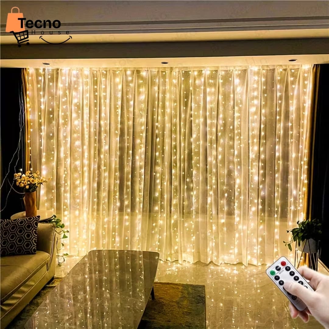 Cortina de Luces LED 600LED 6m x 3m con Control Remoto – 8 Modos – Blanco Cálido – Decoración para Navidad, Dormitorios y Eventos