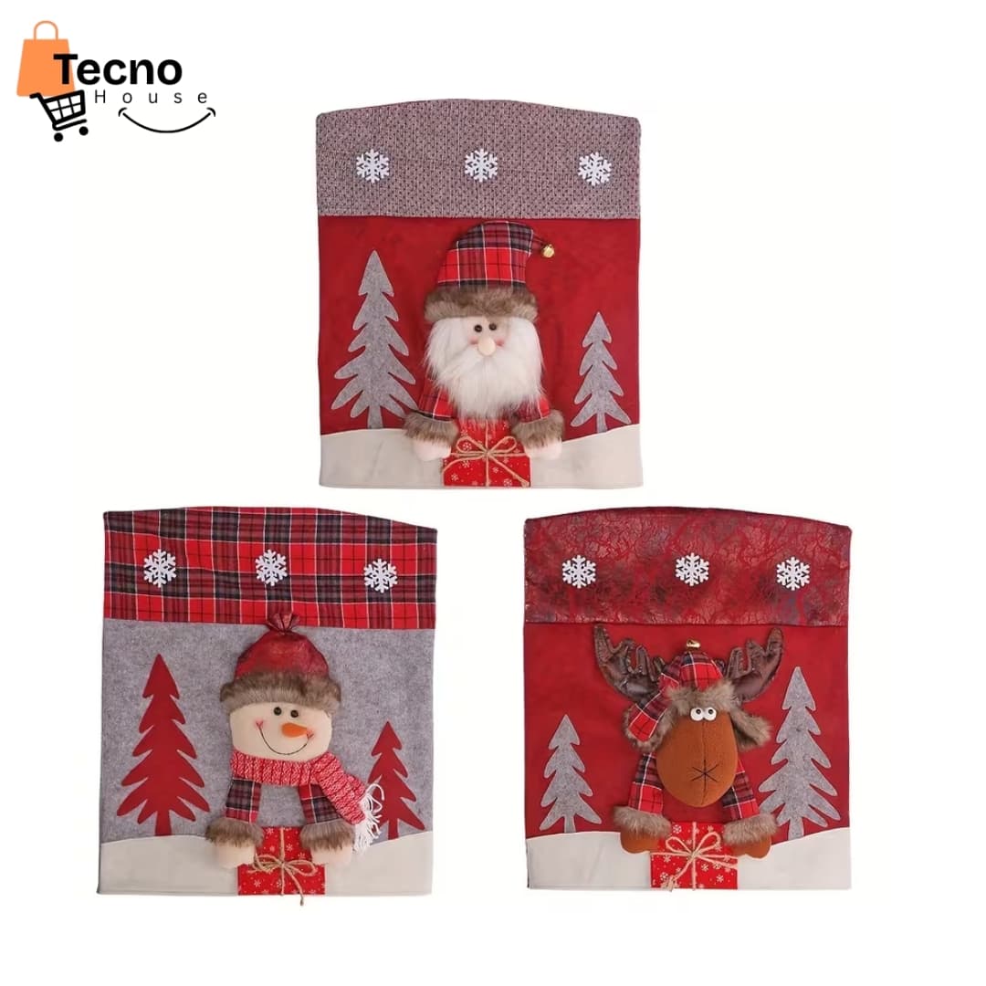 Fundas Navideñas 3D para Sillas Pack x3 – Modelos Papá Noel, Reno y Muñeco de Nieve | Decoración de Navidad