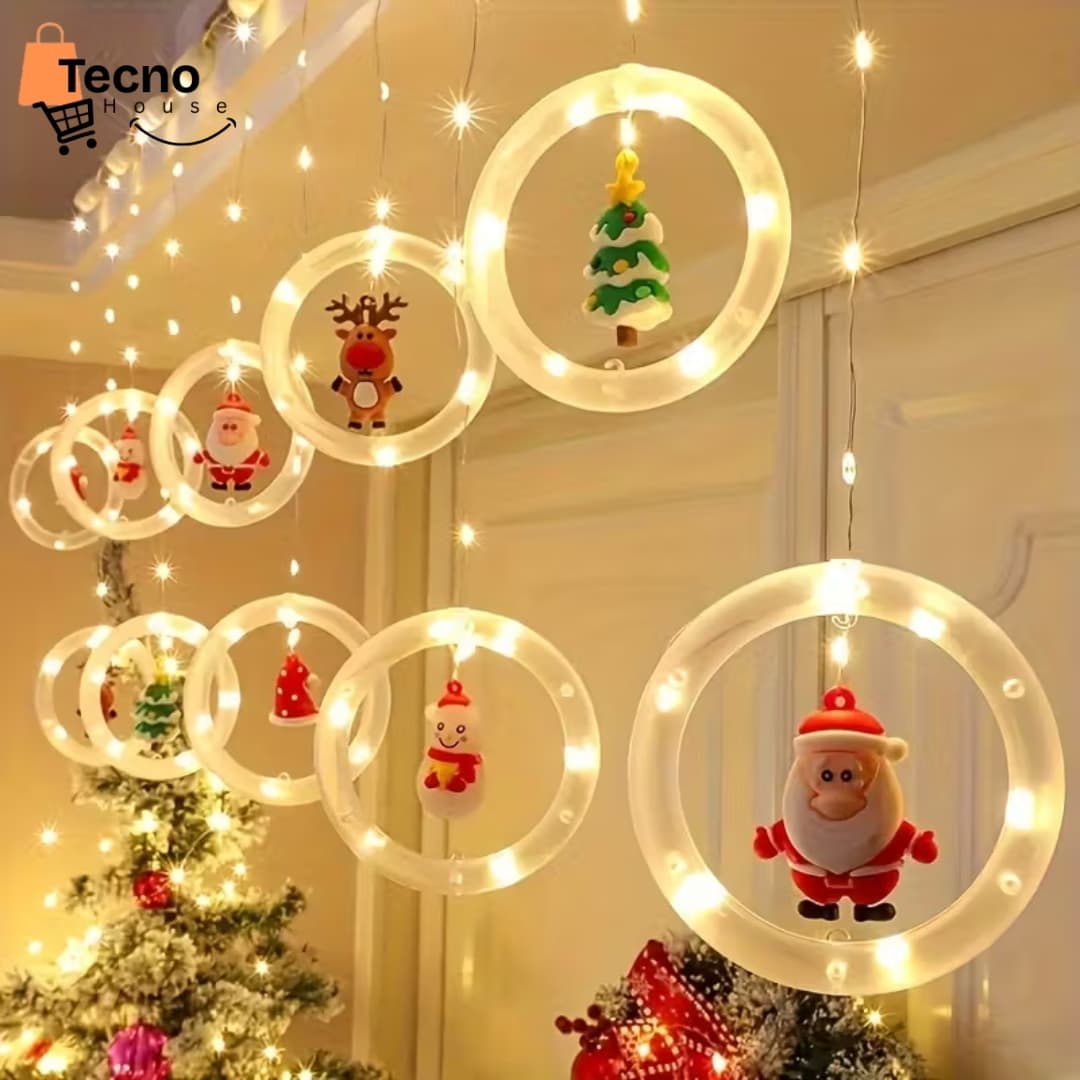Cortina de Luces Navideñas LED con Aros Decorados – 3 Metros, USB, 8 Modos