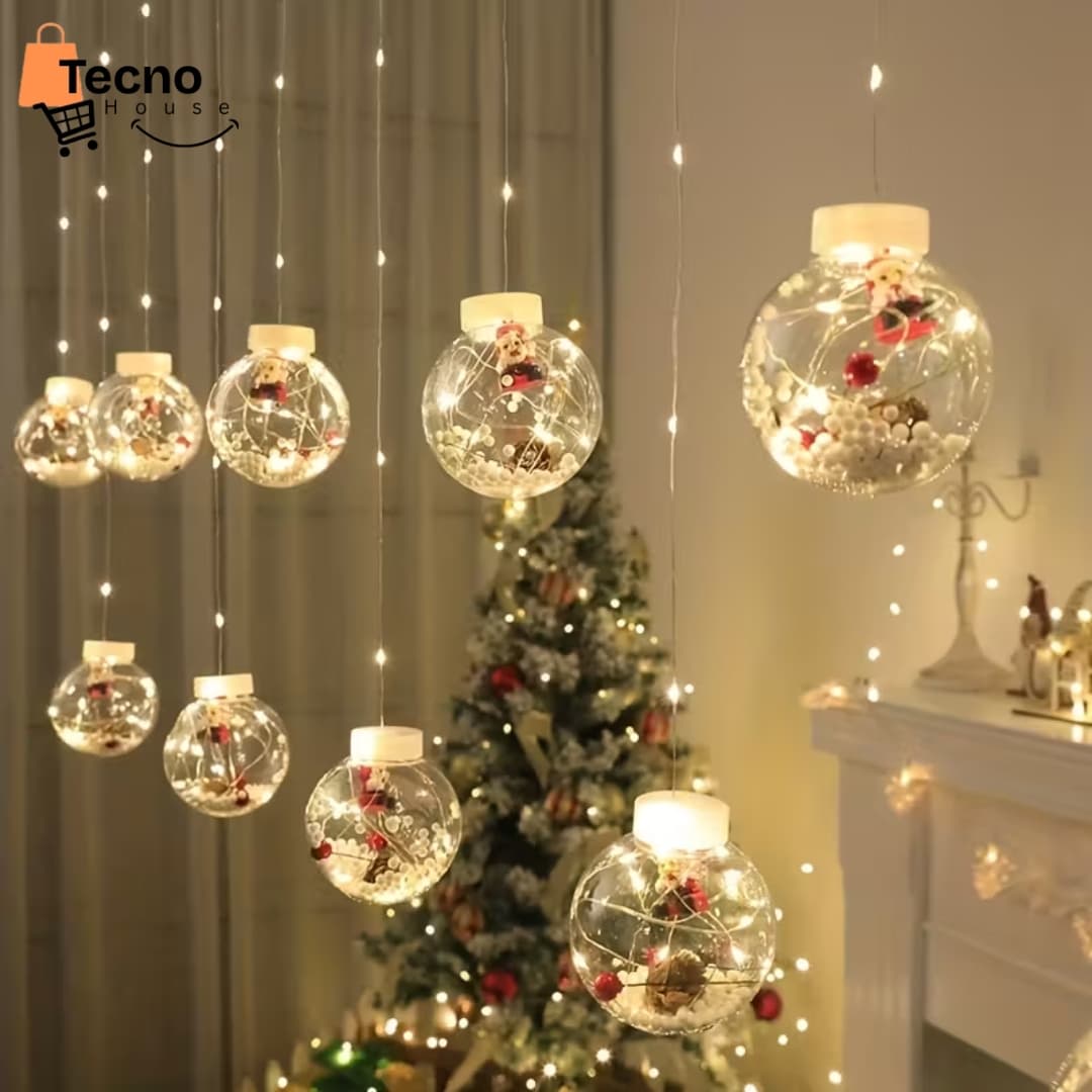 Guirnalda Navideña LED con Bolas Decorativas 3m – 8 Modos de Luz – USB – Cortina Decorativa Premium para Navidad